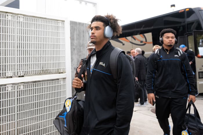 UCLA Bruins quarterback Dante Moore arrives at Reser Stadium for a game against the Oregon State Beavers.